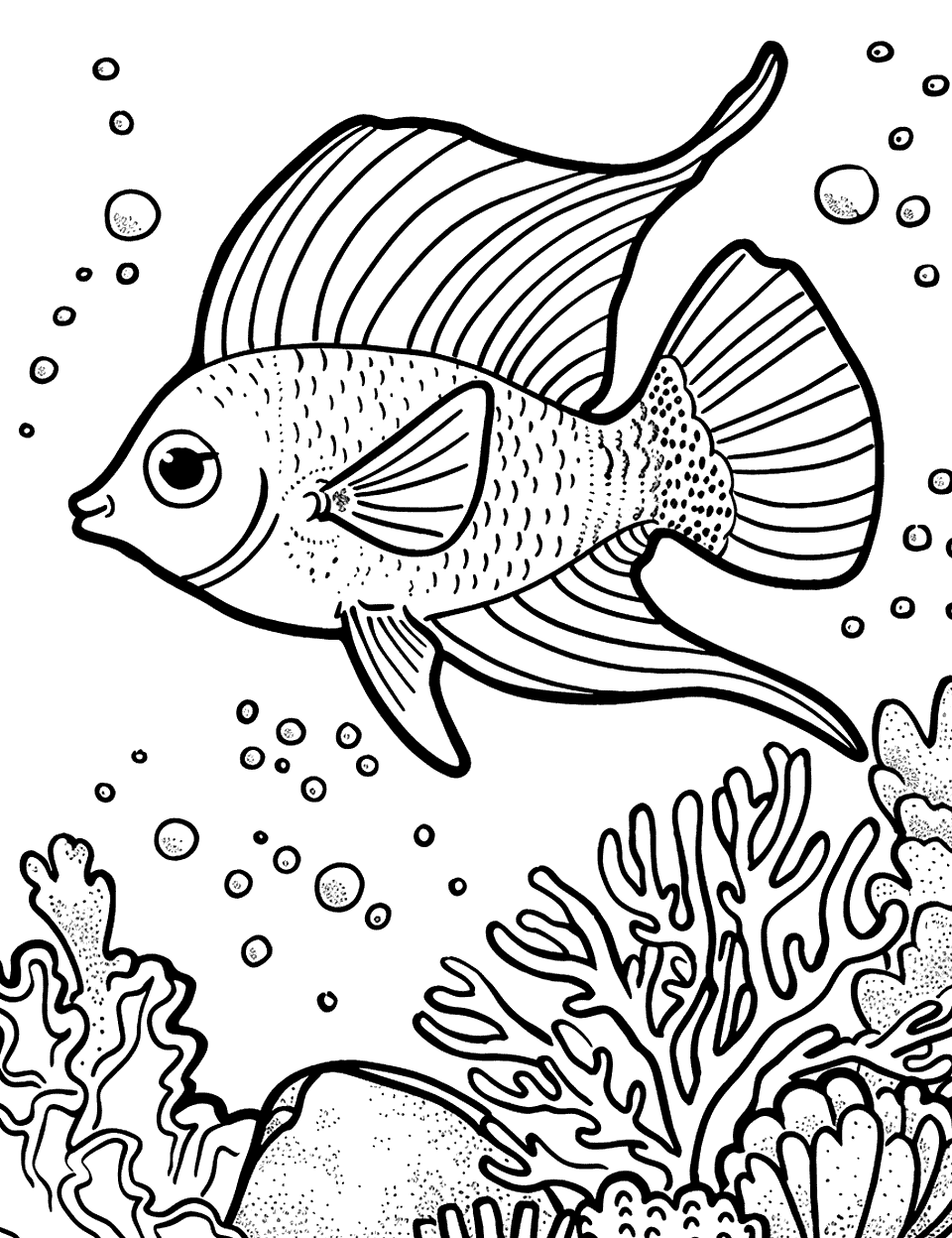 Angelfish Gliding Among Coral Sea Creature Coloring Page - An angelfish swims gracefully among coral reefs.