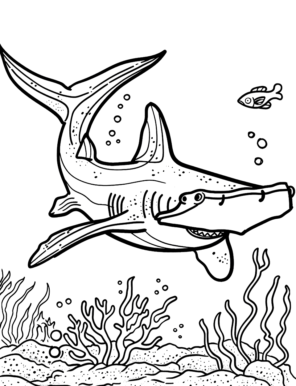 Hammerhead Shark Surveying the Seafloor Sea Creature Coloring Page - A hammerhead shark scanning the seabed while coasting along.
