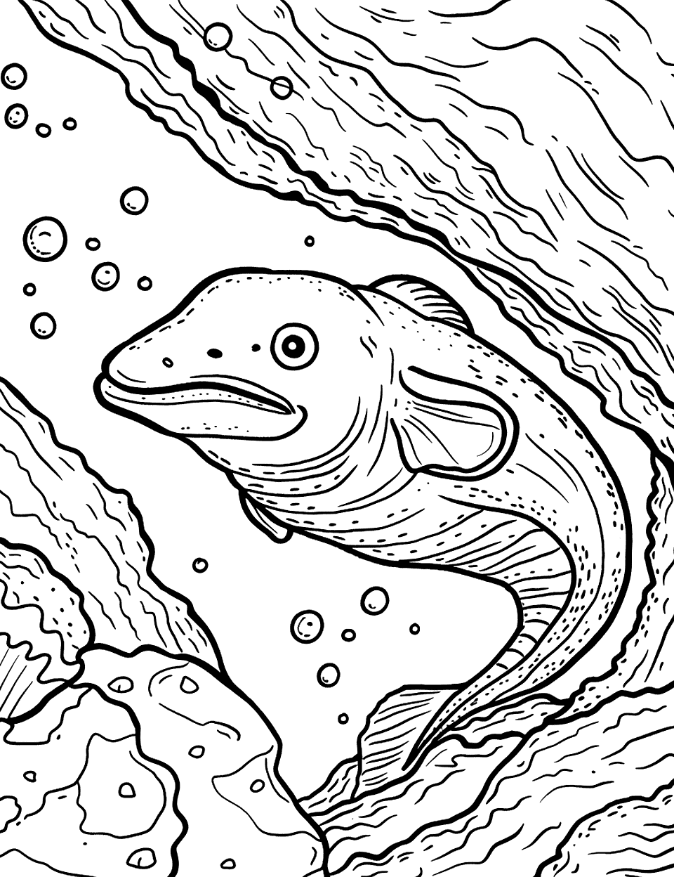 Moray Eel Peeking From a Cave Sea Creature Coloring Page - A moray eel looks out cautiously from a rocky underwater cave.