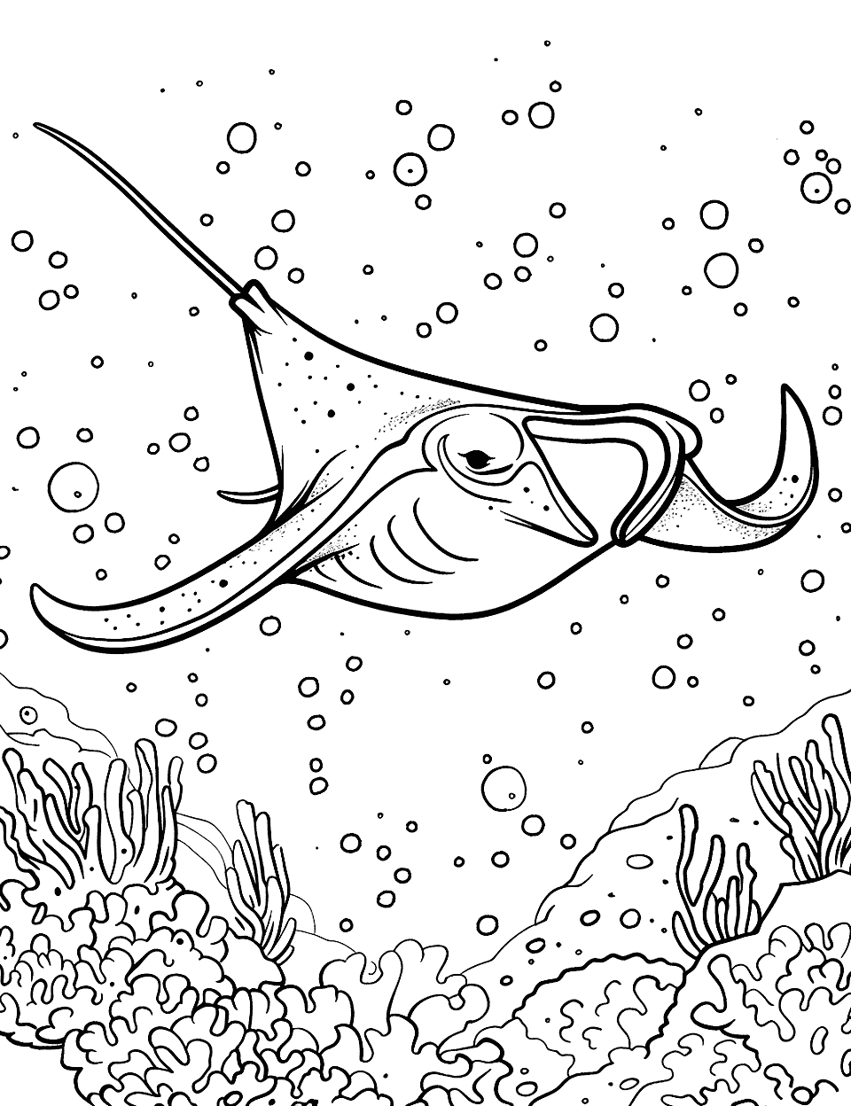 Manta Ray Gliding in the Deep Sea Creature Coloring Page - A manta ray moves effortlessly through the deep ocean waters.
