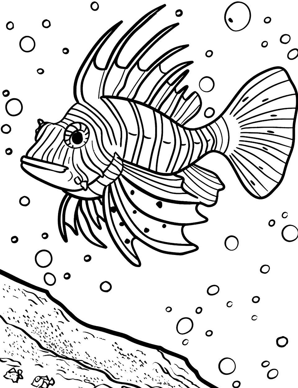 Lionfish Displaying Its Spines Sea Creature Coloring Page - A lionfish extends its spine as it floats above a rocky ledge.