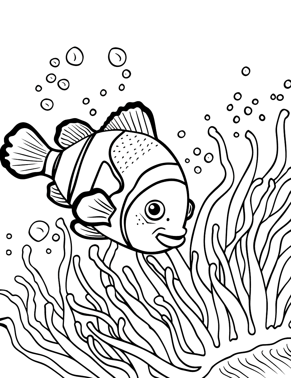 Clownfish Peeking from Anemone Sea Creature Coloring Page - A curious clownfish peers out of a sea anemone’s tentacles, observing the underwater world.