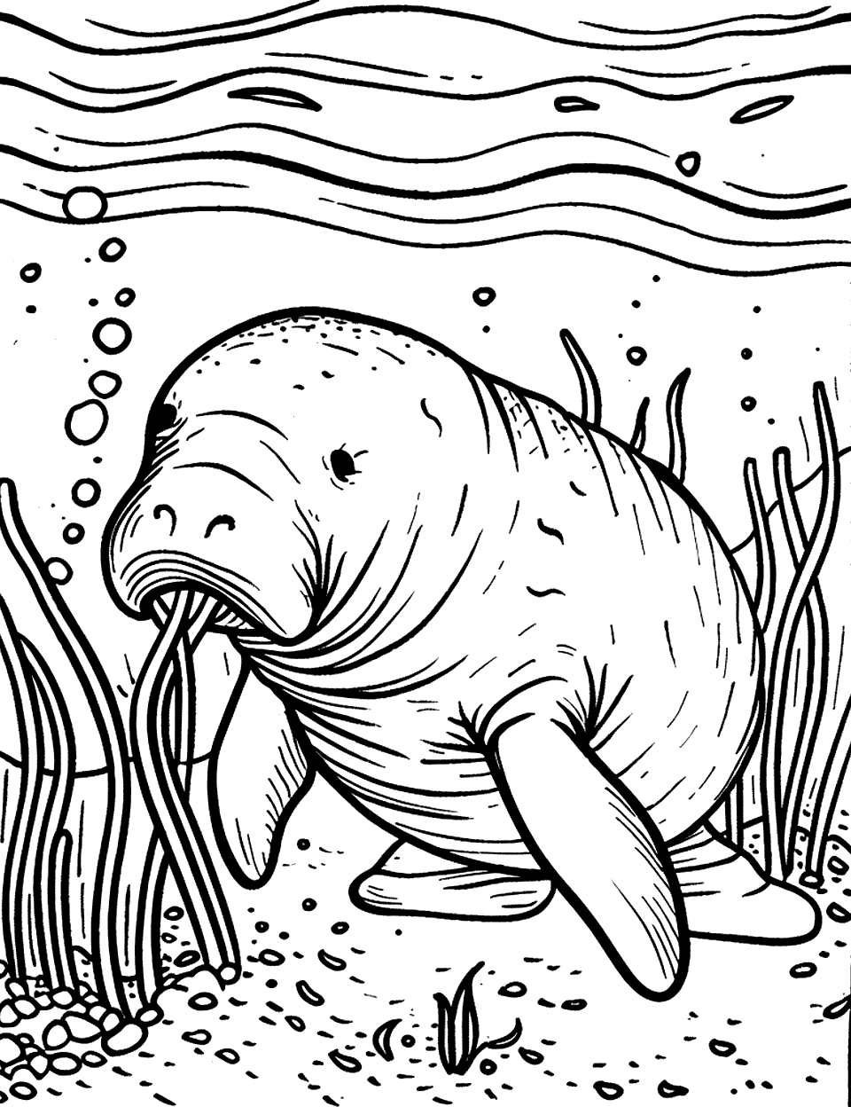 Manatee Munching on Seagrass Sea Creature Coloring Page - A manatee peacefully eats seagrass in a shallow coastal lagoon.