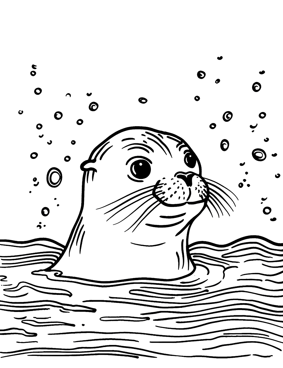 Seal Popping Up from the Water Sea Creature Coloring Page - A seal’s head emerges from the water, curiously watching its surroundings.