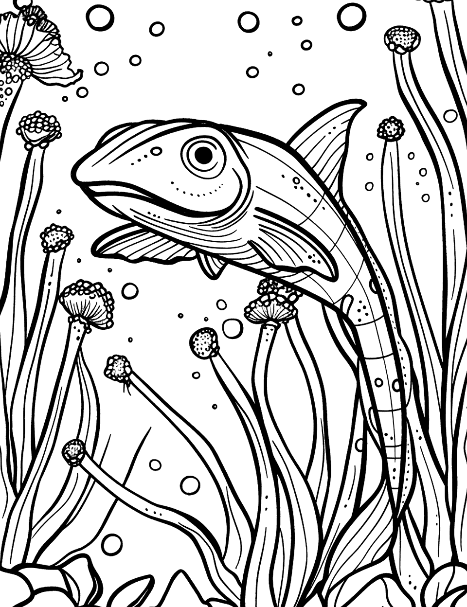 Electric Eel Hiding Among Plants Sea Creature Coloring Page - An electric eel camouflages itself within the dense aquatic plants.