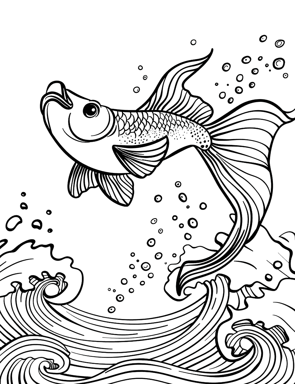 Flying Fish Leaping from Waves Sea Creature Coloring Page - A flying fish leaps out of the water, showing up above the surface momentarily.