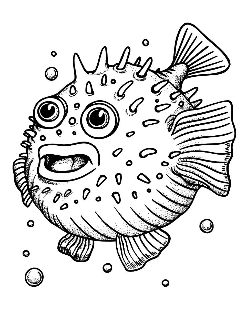 Pufferfish Puffing Up Sea Creature Coloring Page - A startled pufferfish expands, showcasing its spiky appearance in self-defense.