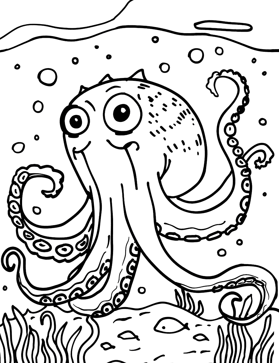Octopus with Curled Tentacles Sea Creature Coloring Page - An octopus with curled tentacles gracefully exploring the seabed.