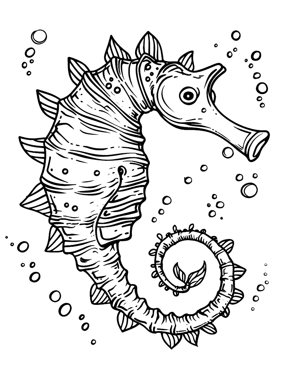 Seahorse Riding the Current Sea Creature Coloring Page - A seahorse drifting along the current with its tail curled.
