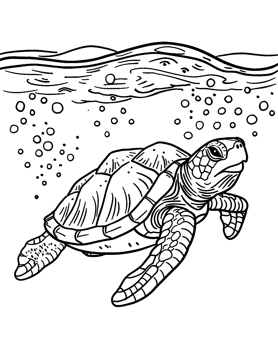 Turtle Swimming Toward the Surface Sea Creature Coloring Page - A sea turtle glides through the water toward the surface for a breath of fresh air.