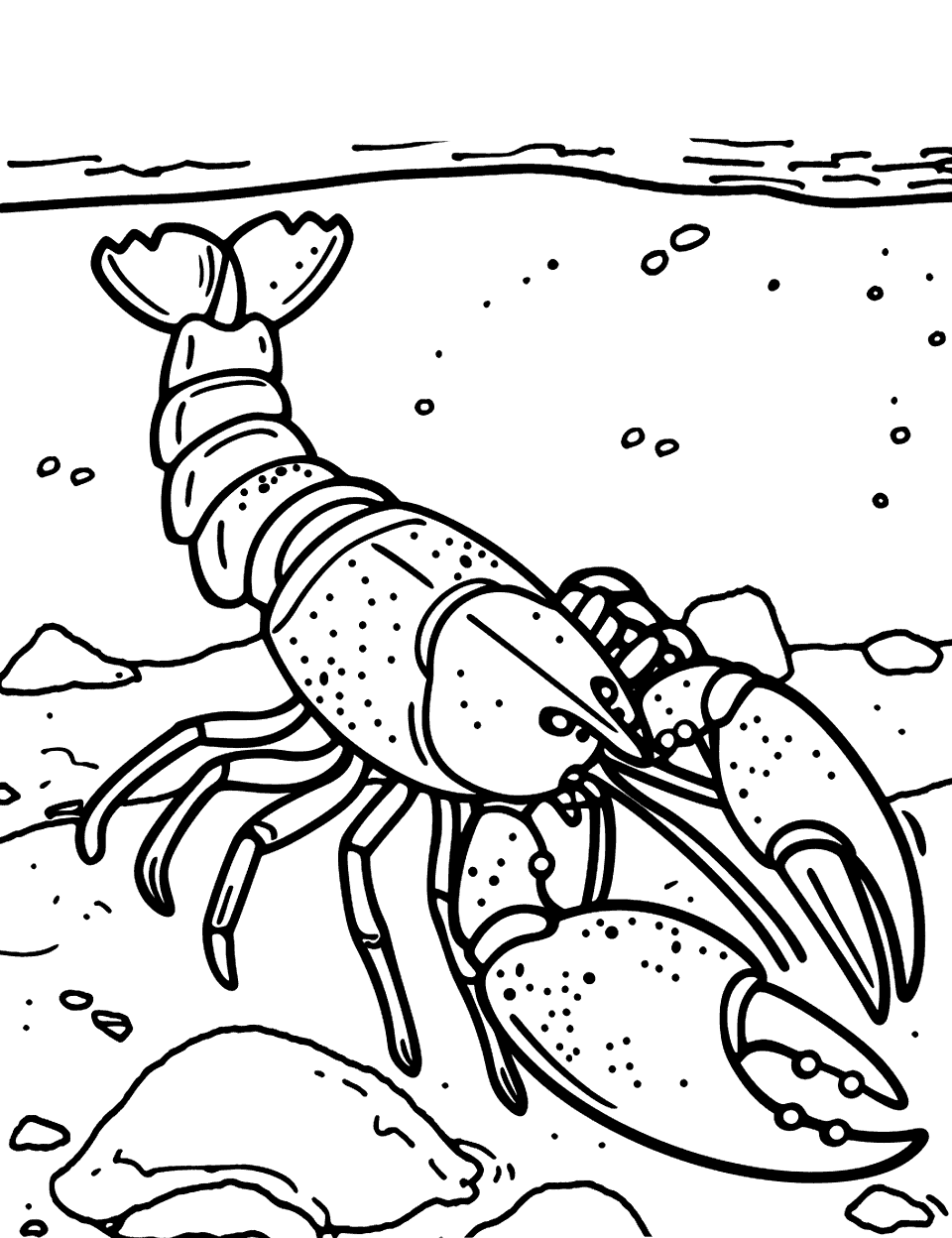 Lobster Crawling on Rocks Sea Creature Coloring Page - A lobster moves slowly over rocks, its claws and antennae stretched forward.