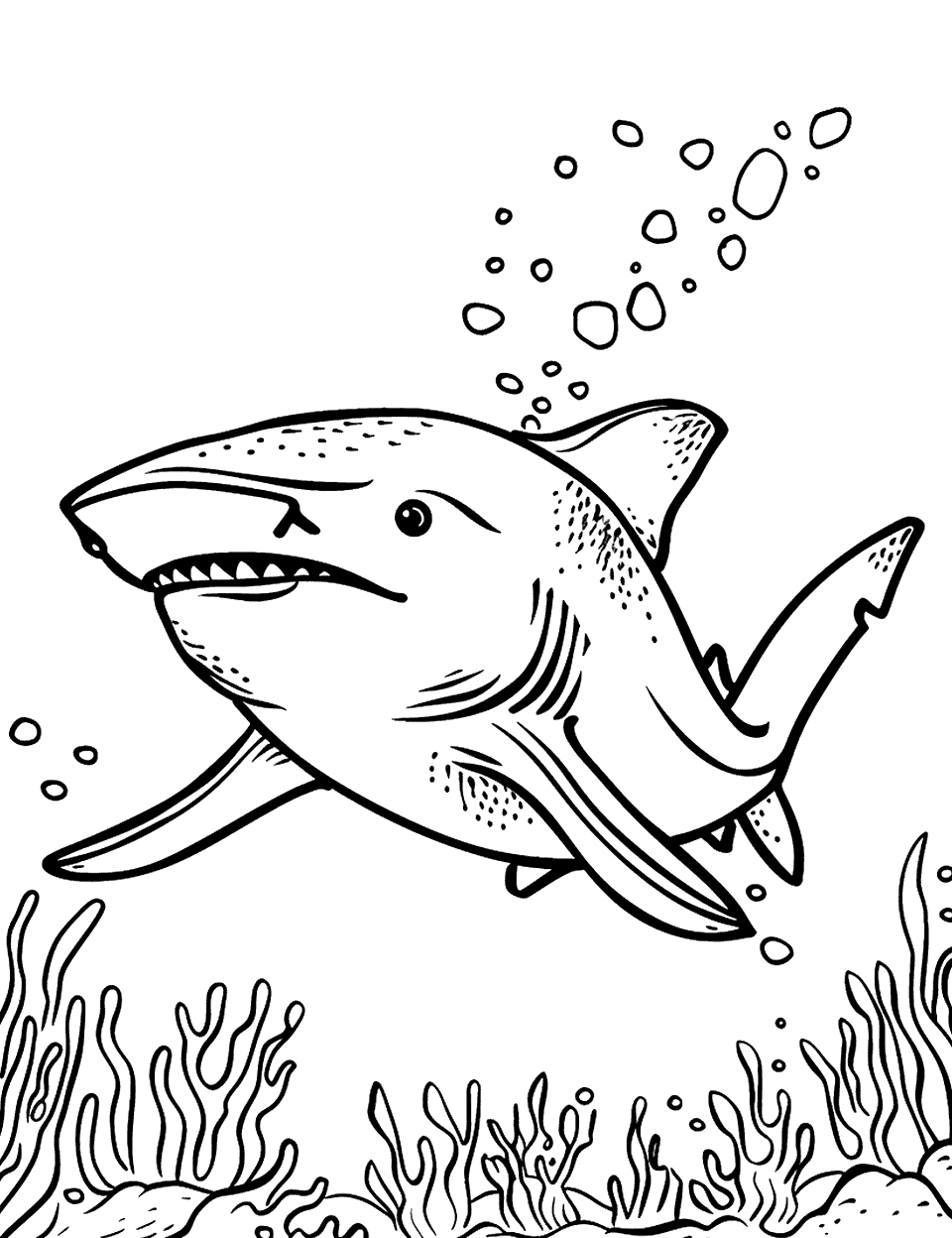 Shark Cruising Underwater Sea Creature Coloring Page - A sleek shark swimming in the deep sea.