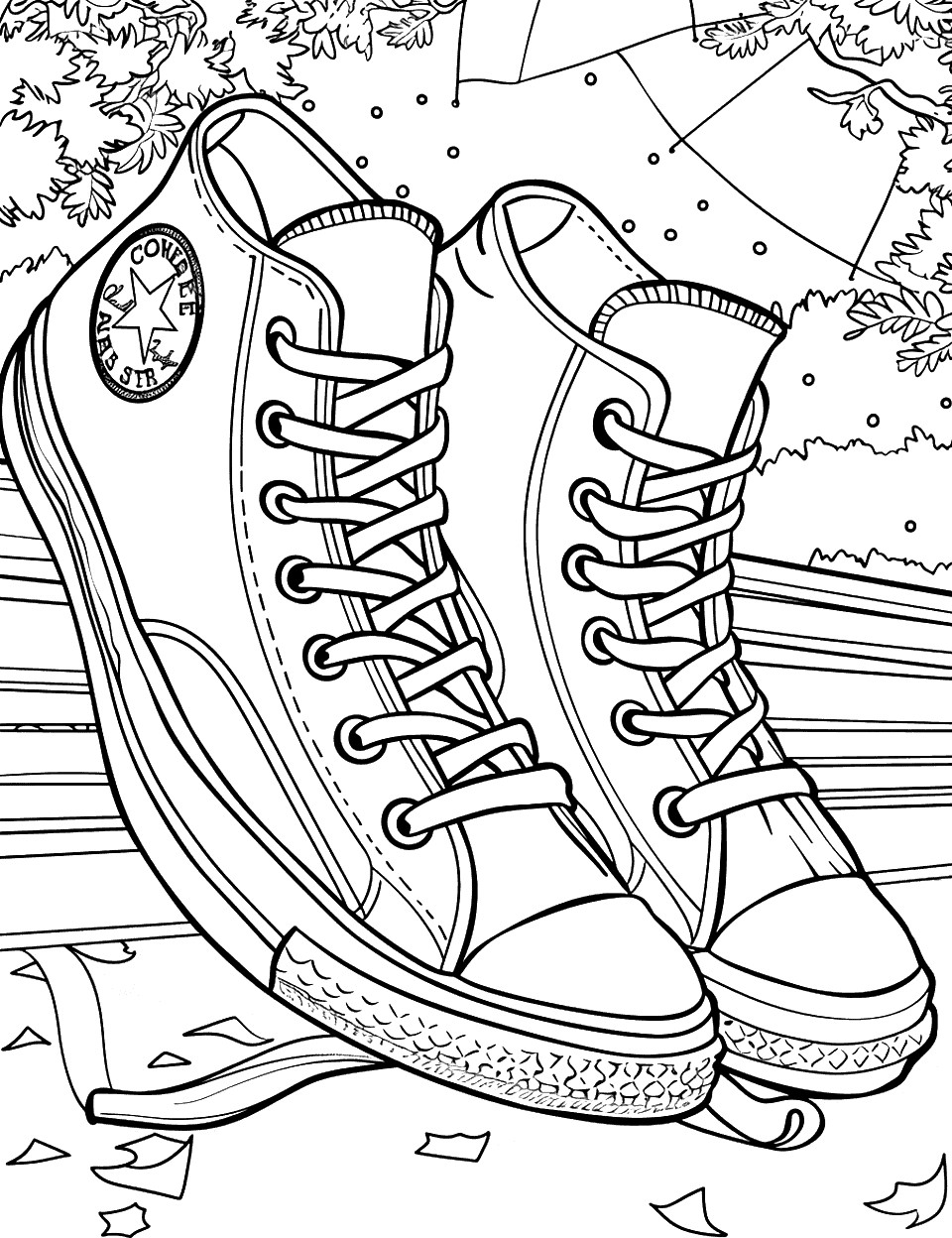 Converse Shoes at the Park Shoe Coloring Page - Two Converse sneakers side by side on a park bench with trees in the background.