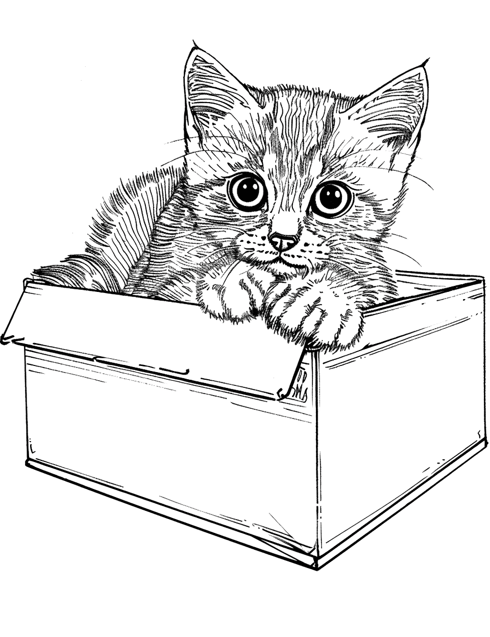 Playful Kitten in a Shoe Box Coloring Page - A playful kitten peeking out of a shoe box.