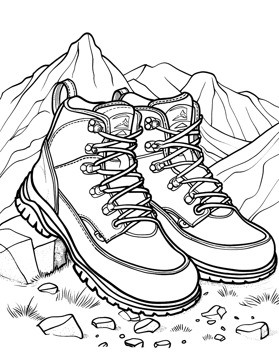 Hiking Boots on a Mountain Trail Shoe Coloring Page - Rugged hiking boots set against a simple trail with mountain outlines in the far distance.