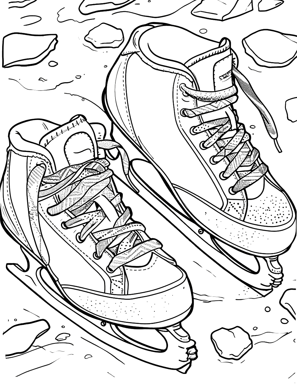 Skating Shoes on Ice Shoe Coloring Page - Ice skating shoes lying next to a frozen pond.