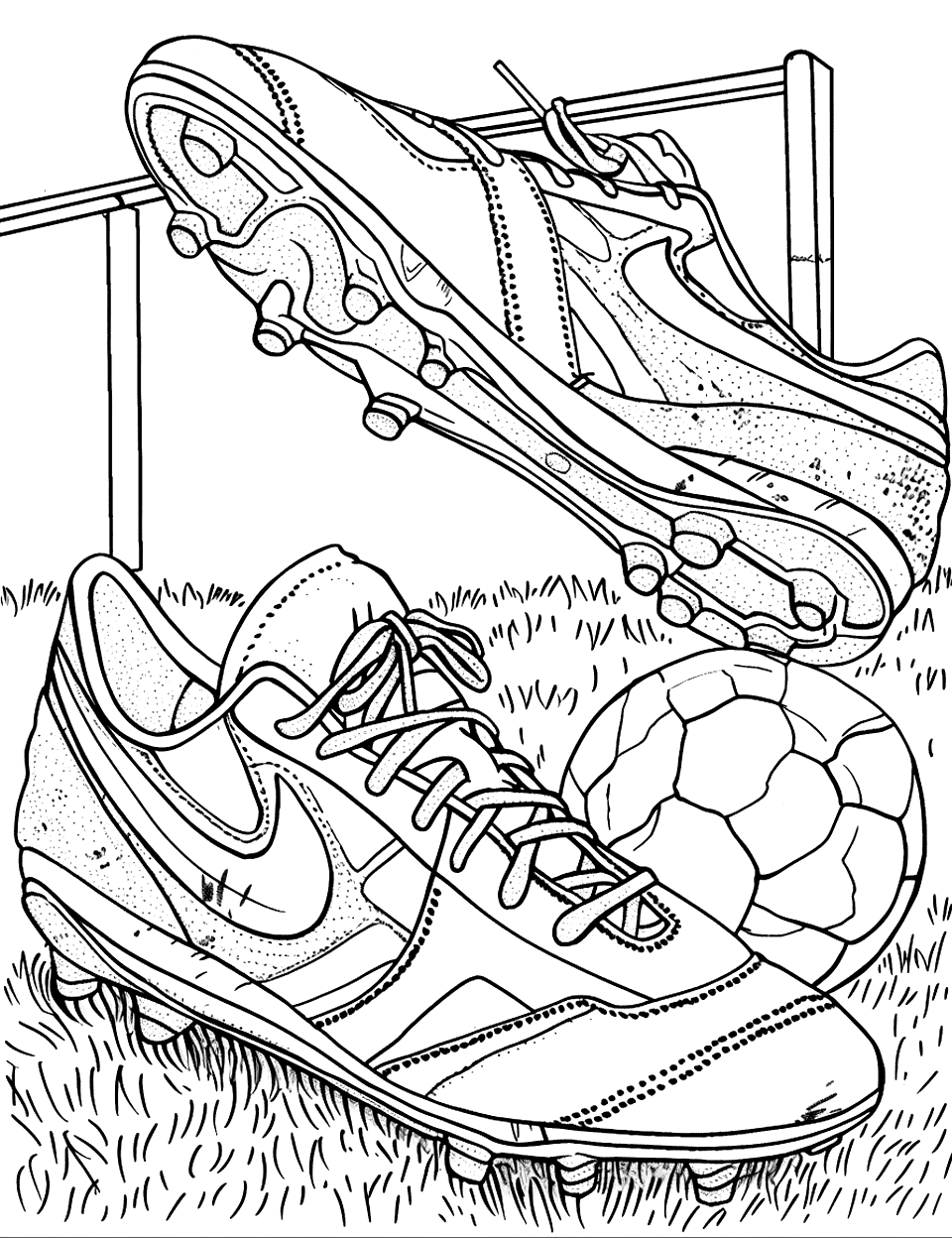 Soccer Cleats After the Game Shoe Coloring Page - Muddy soccer cleats with a soccer ball, placed on a grass field.