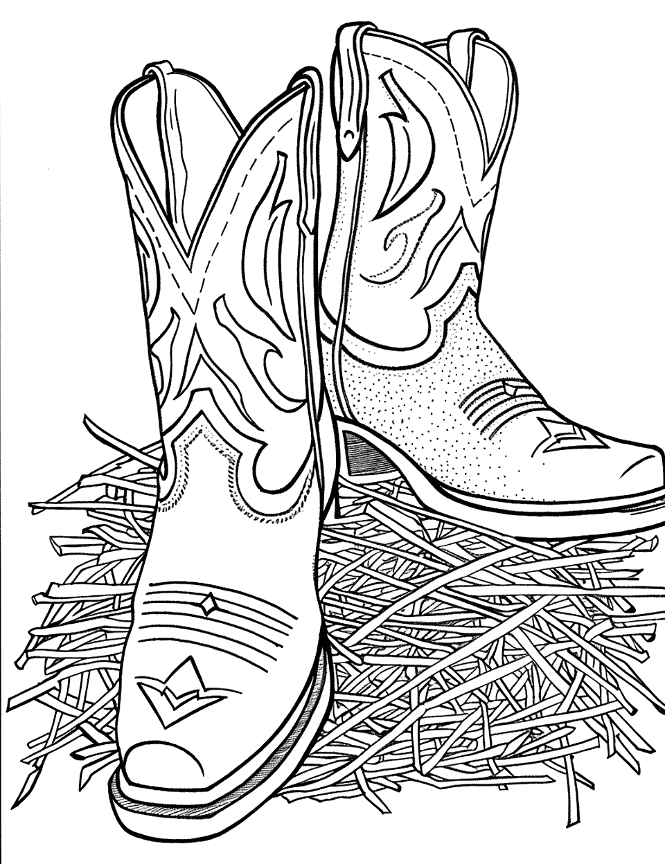 Cowboy Boots Shoe Coloring Page - Cowboy boots resting on a haystack.