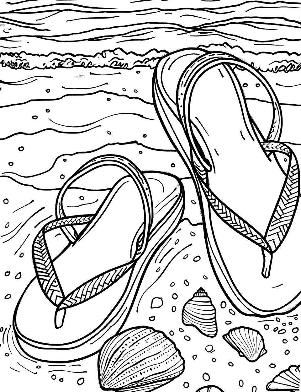 Beach Sandals on the Shore Shoe Coloring Page - Flip-flops in the sand near a beach and seashells with gentle waves in the distance.