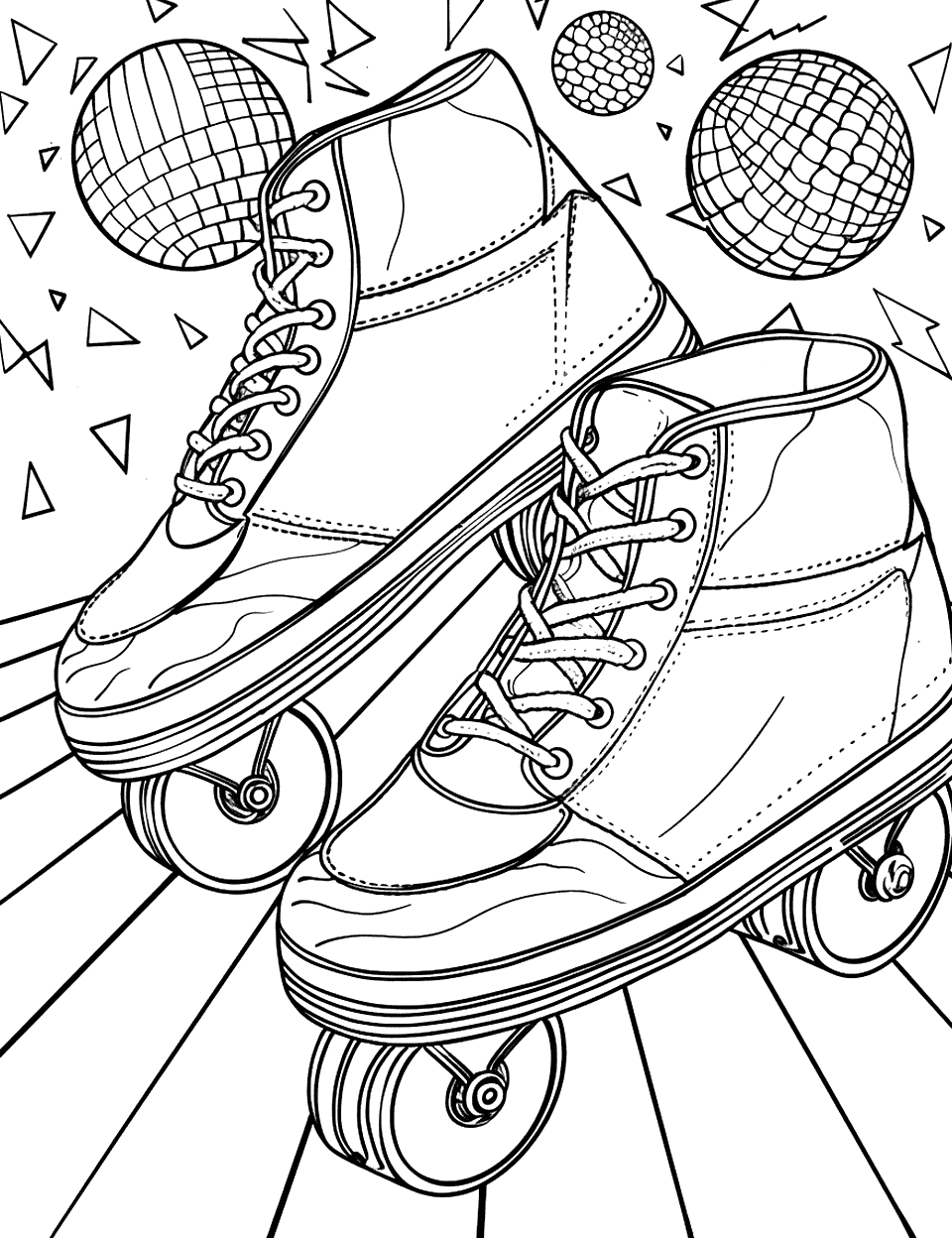 Vintage Roller Skates in a Rink Shoe Coloring Page - Classic roller skates with stripes on the rink floor, accompanied by disco balls overhead.