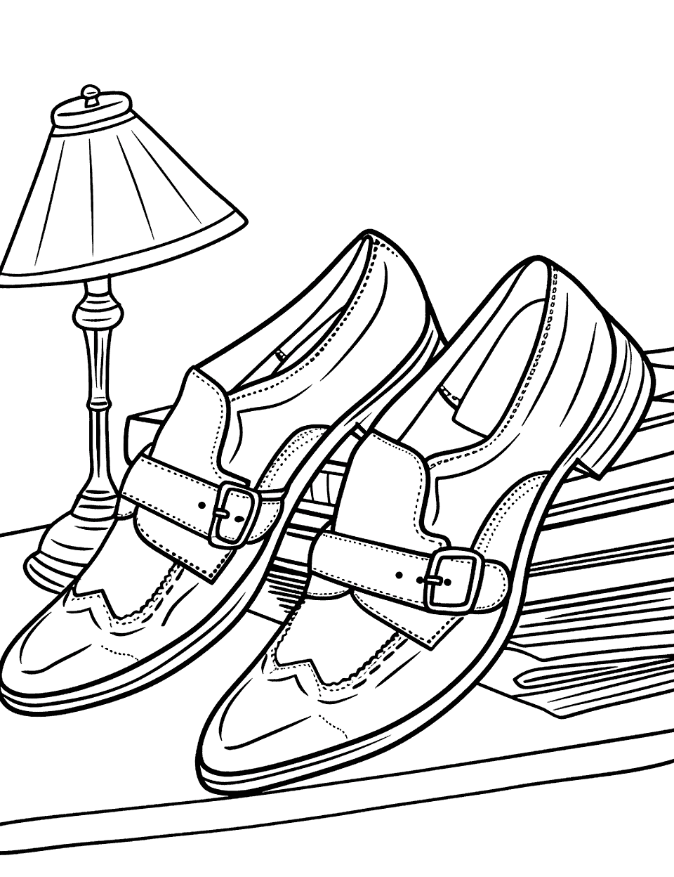 Strap Shoes at a Library Shoe Coloring Page - Elegant strap shoes next to a stack of books and a reading lamp on a wooden table.
