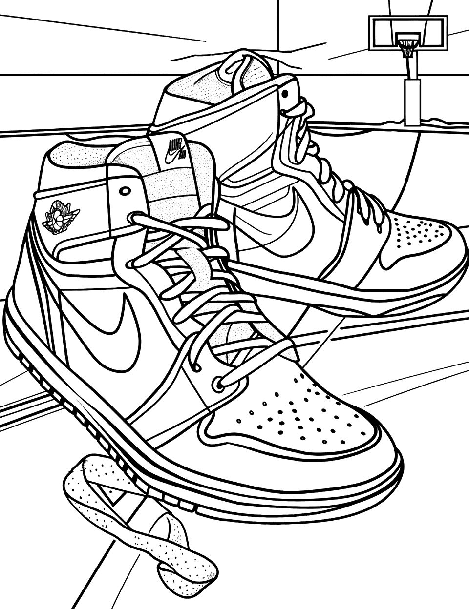 Basketball Shoes in Action Shoe Coloring Page - A pair of basketball shoes with dynamic motion lines on a basketball court, with a hoop in the distance.