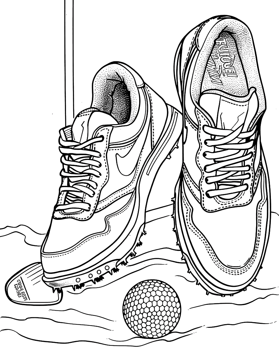Golf Shoes at the Course Shoe Coloring Page - Golf shoes placed neatly next to a golf ball and club.