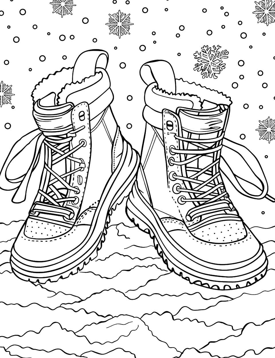 Snow Boots in Winter Wonderland Shoe Coloring Page - Cozy snow boots surrounded by snow.