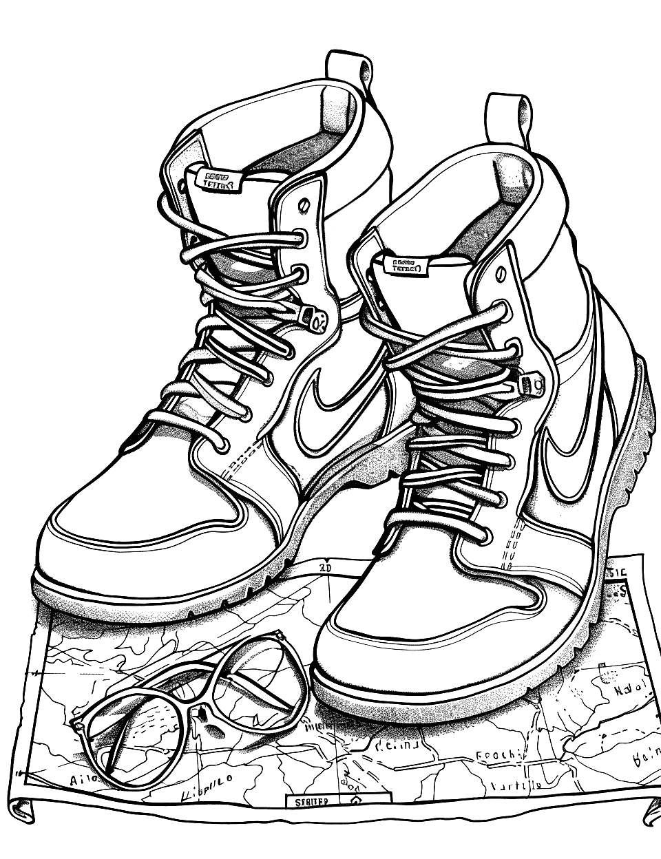 Motorcycle Boots on a Road Trip Shoe Coloring Page - Sturdy motorcycle boots on top of a road map and sunglasses.