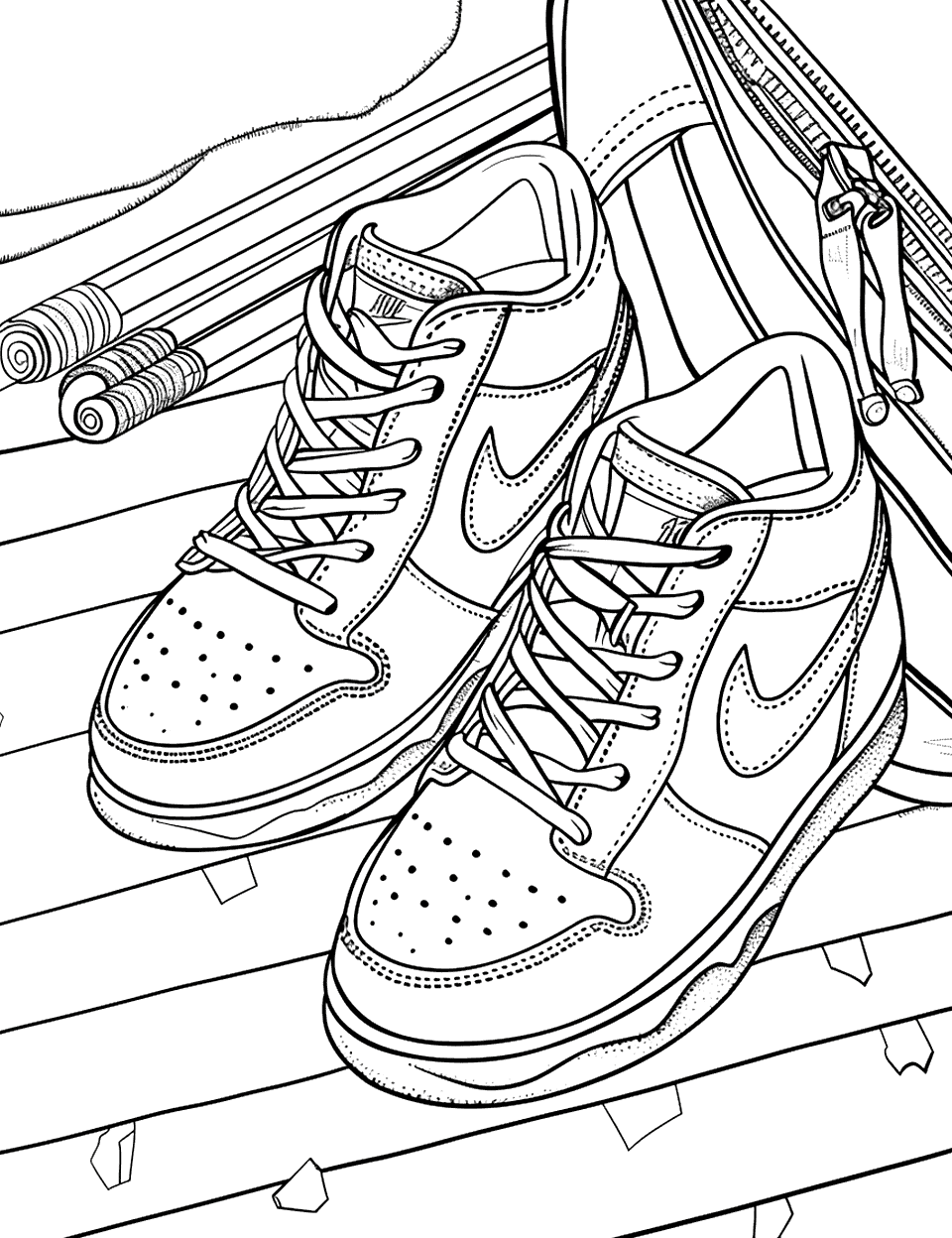 School Shoes on the First Day Shoe Coloring Page - Polished school shoes with a backpack and some pencils on a classroom floor.