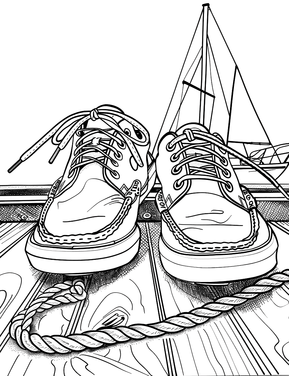 Boat Shoes on the Dock Shoe Coloring Page - Casual boat shoes with a nautical rope and a small model sailboat beside them.