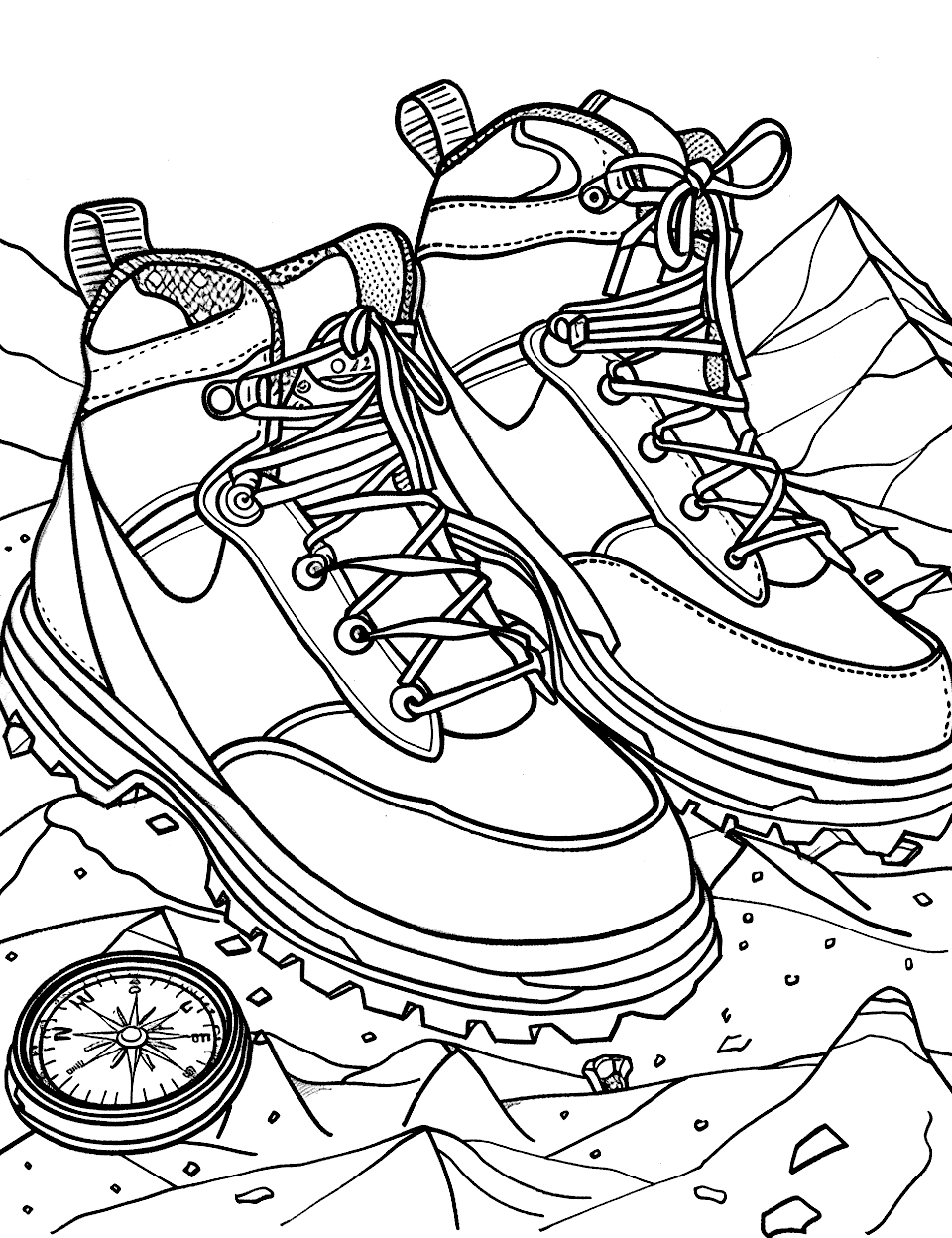 Mountaineering Boots with a View Shoe Coloring Page - Heavy-duty mountaineering boots with a compass and a snowy peak in the distance.