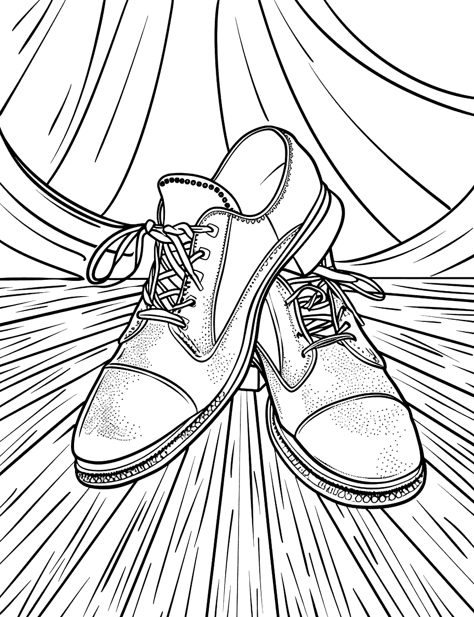 Tap Dancing Shoes on Stage Shoe Coloring Page - Shiny tap shoes on a wooden stage.