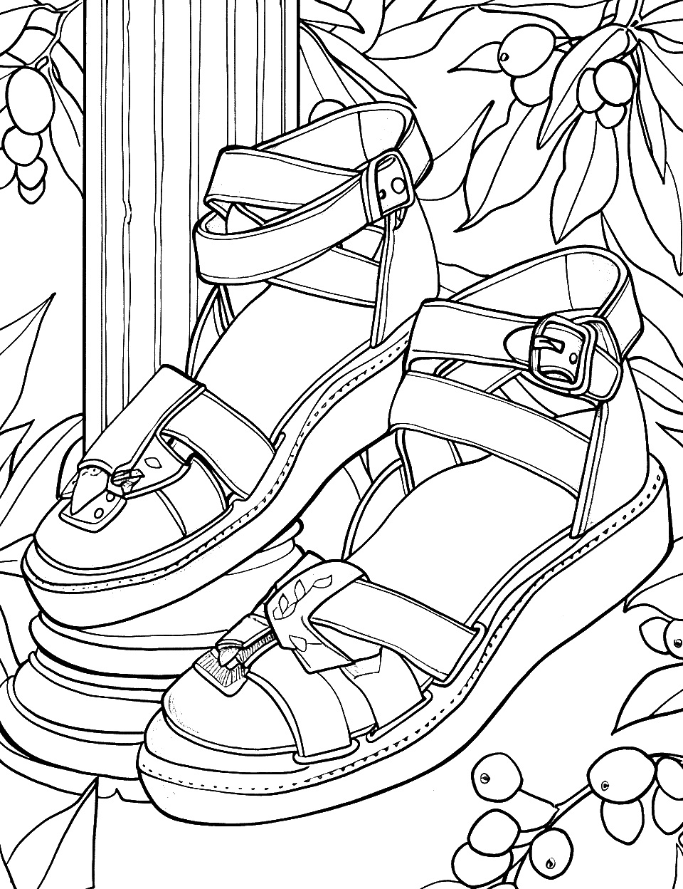 Gladiator Sandals in the Arena Shoe Coloring Page - Strappy gladiator sandals with a classic column and olive leaves in the background.