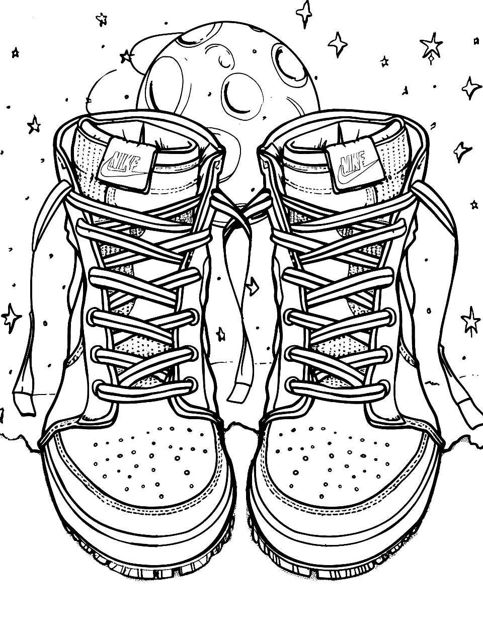 Nike in Space Shoe Coloring Page - Nike Shoes with stars and a distant planet in the backdrop.
