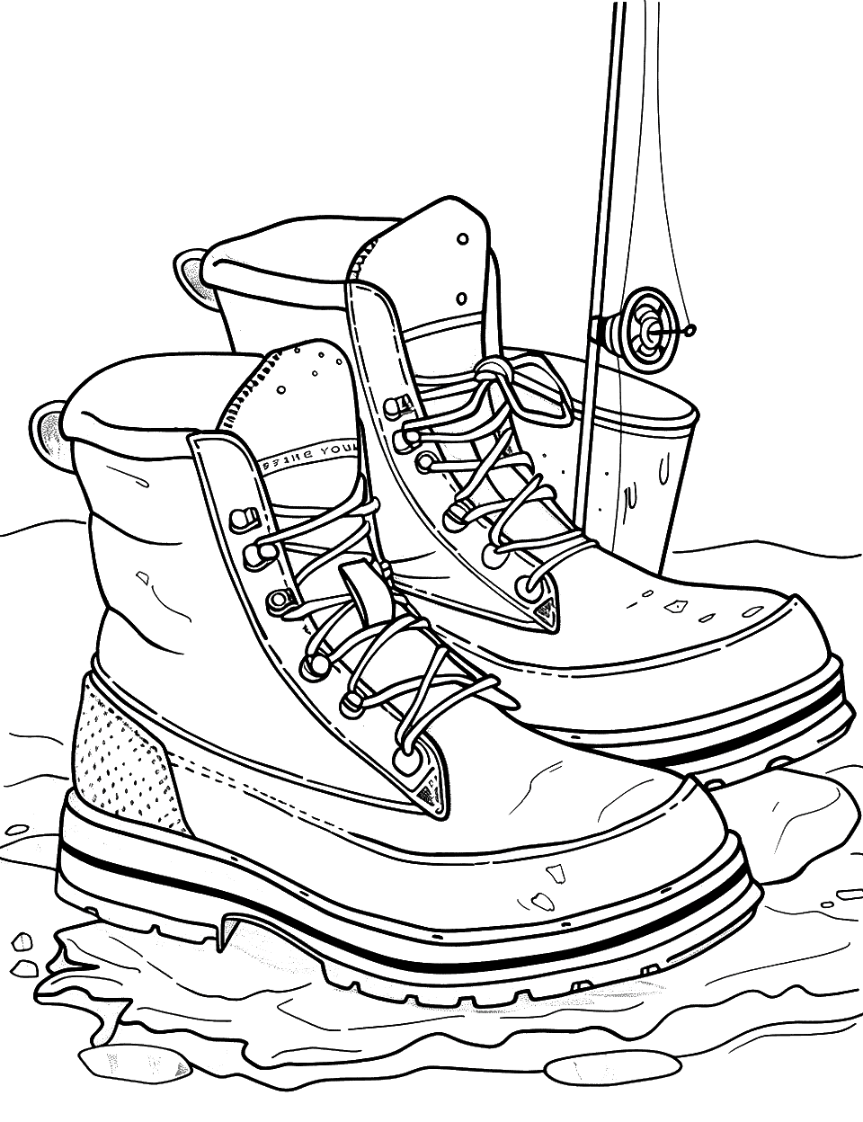 Ice Fishing Boots by a Frozen Lake Shoe Coloring Page - Insulated boots with a fishing rod and a bucket on the ice.