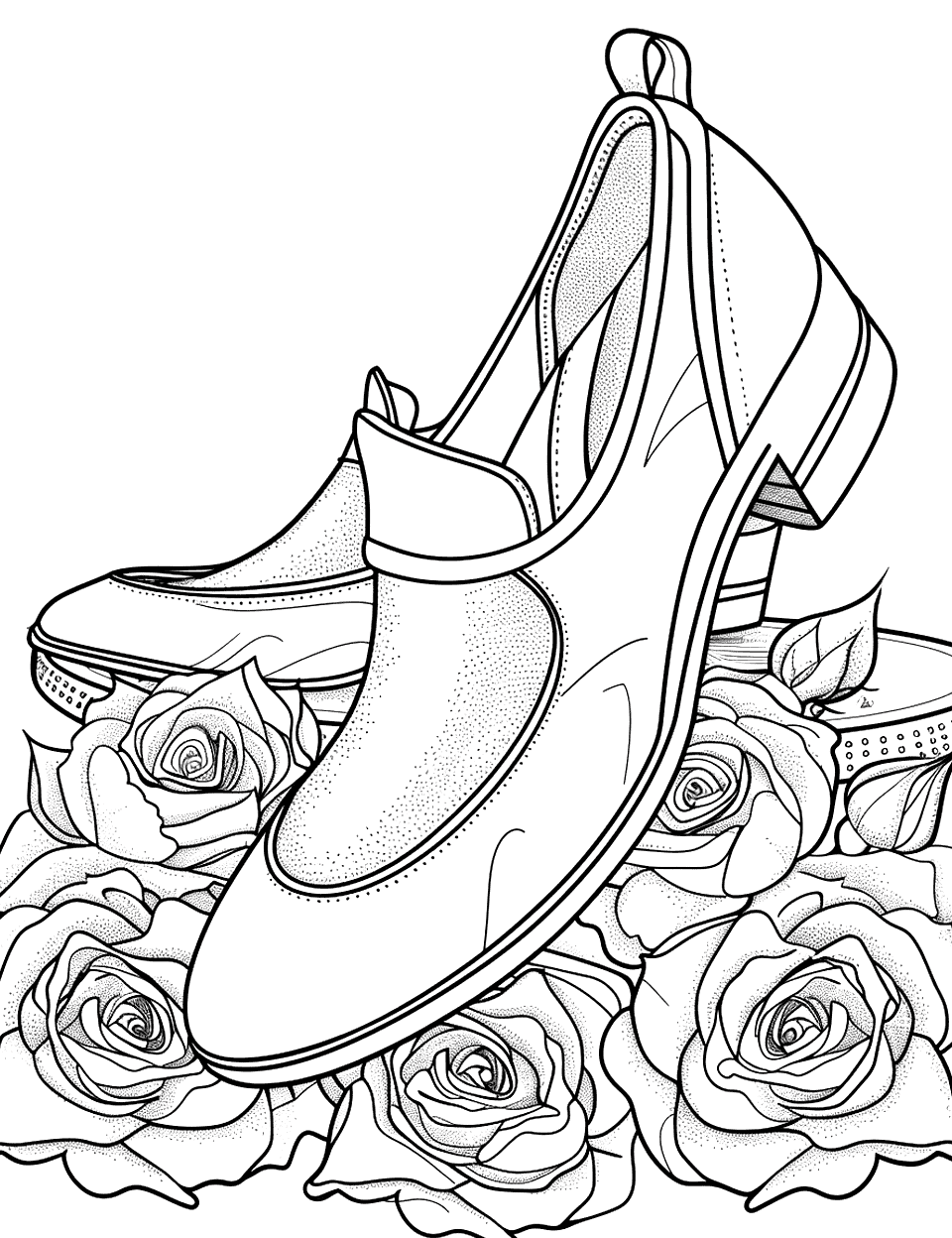 Cinderella's Glass Slipper Shoe Coloring Page - Cinderella’s delicate glass slipper with elegant roses surrounding it.