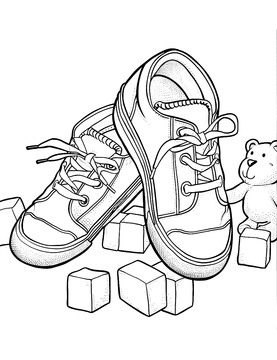 Baby Shoes at a Shower Shoe Coloring Page - Tiny baby shoes with baby blocks and a teddy bear.
