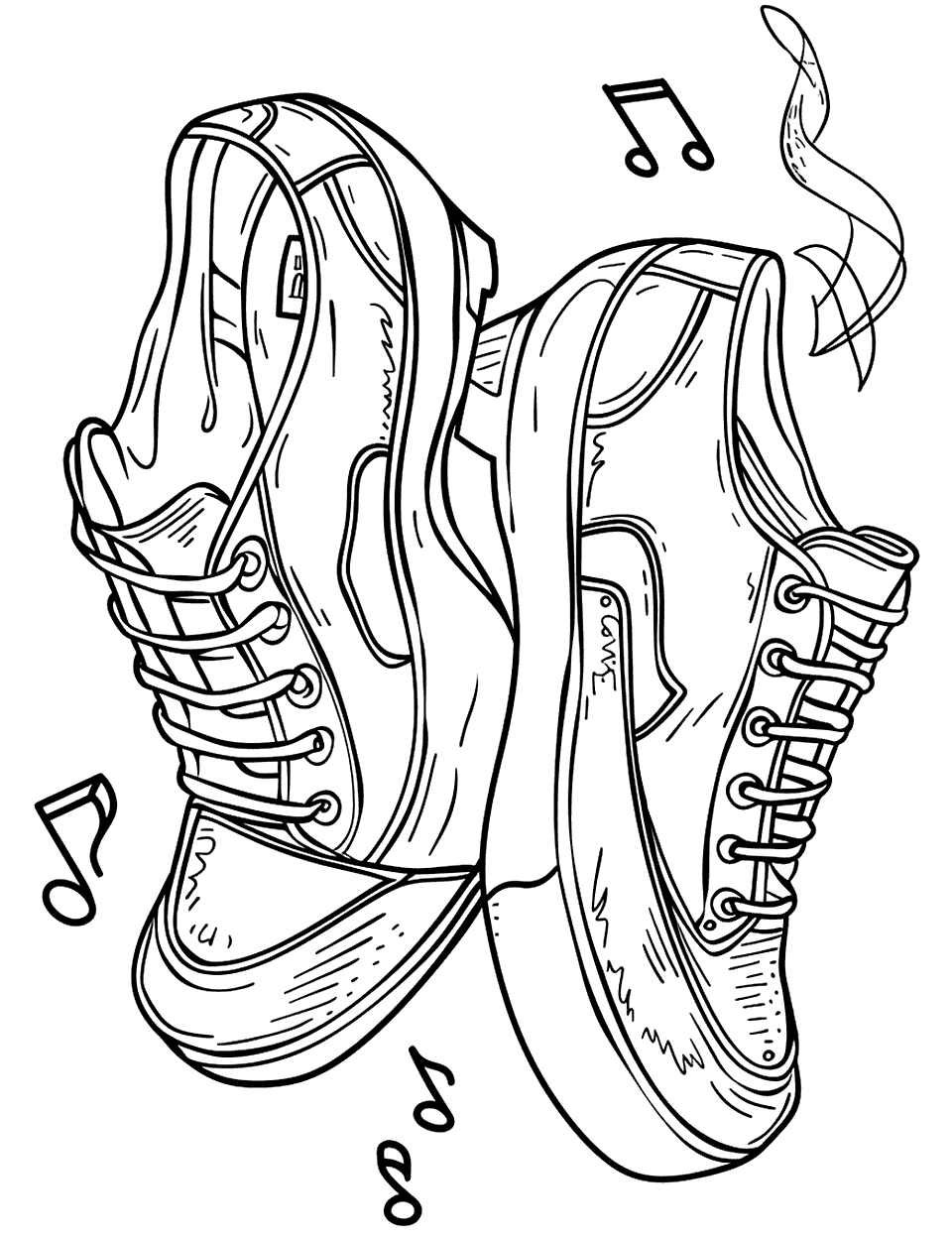 Jazz Shoes at a Concert Shoe Coloring Page - Sleek jazz shoes with music notes floating in the air.