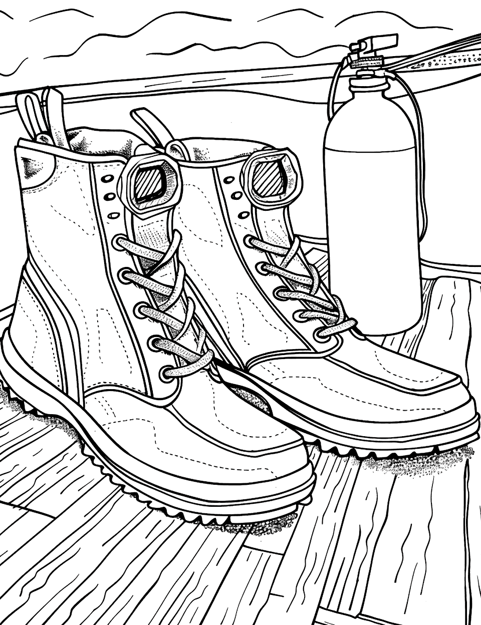 Scuba Diving Boots on a Boat Shoe Coloring Page - Neoprene boots with an oxygen tank on a boat deck.