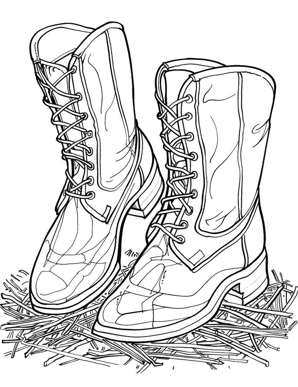 Horse Riding Boots at the Stable Shoe Coloring Page - Polished riding boots with bits of hay around.