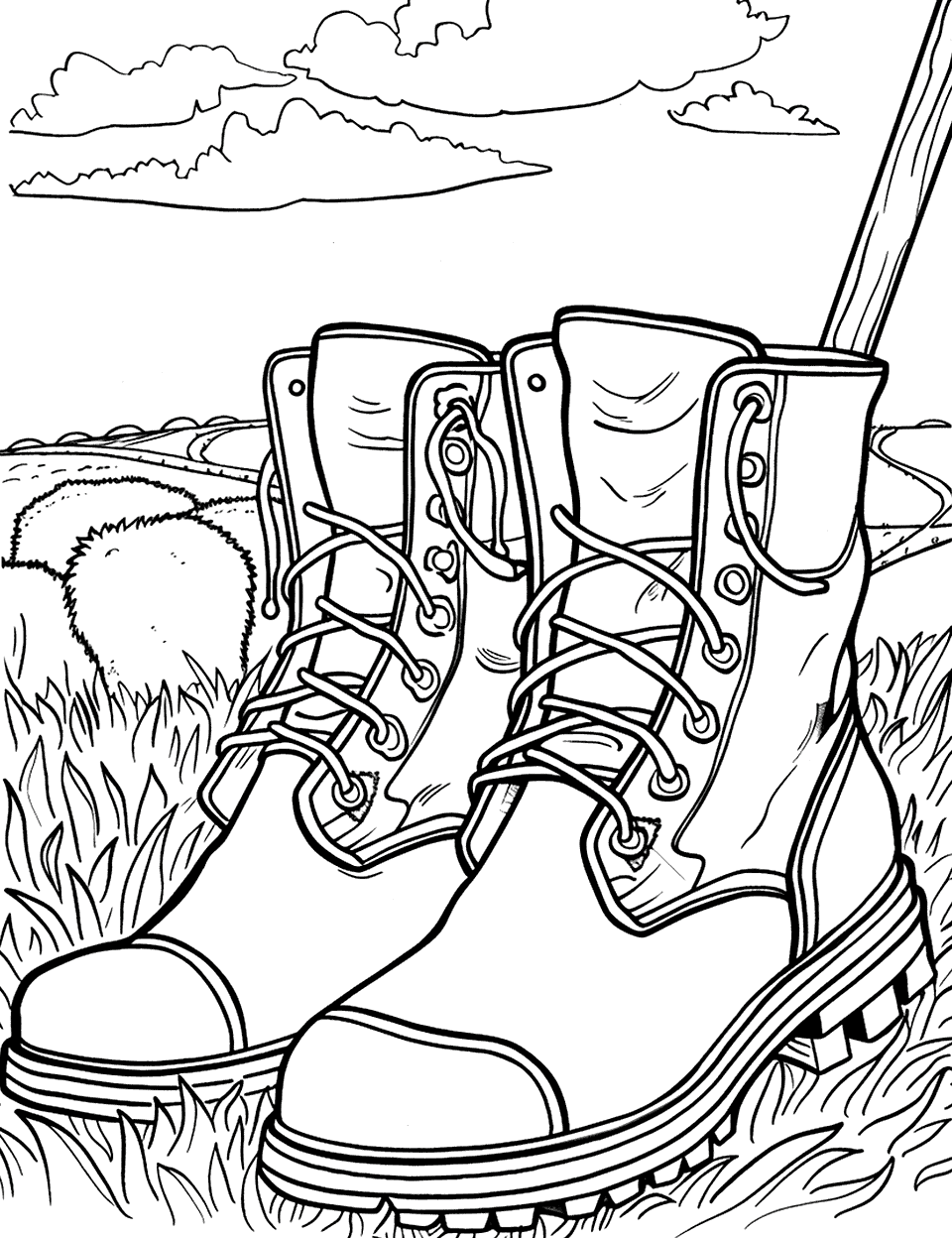 Shepherd's Boots in the Meadow Shoe Coloring Page - Sturdy shepards boots in an open field.