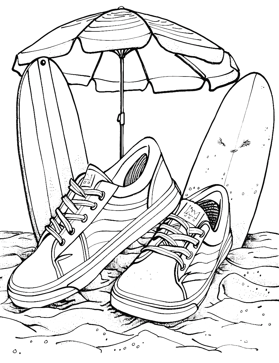 Surfing Shoes on the Beach Shoe Coloring Page - Water shoes with a surfboard and beach umbrella nearby.