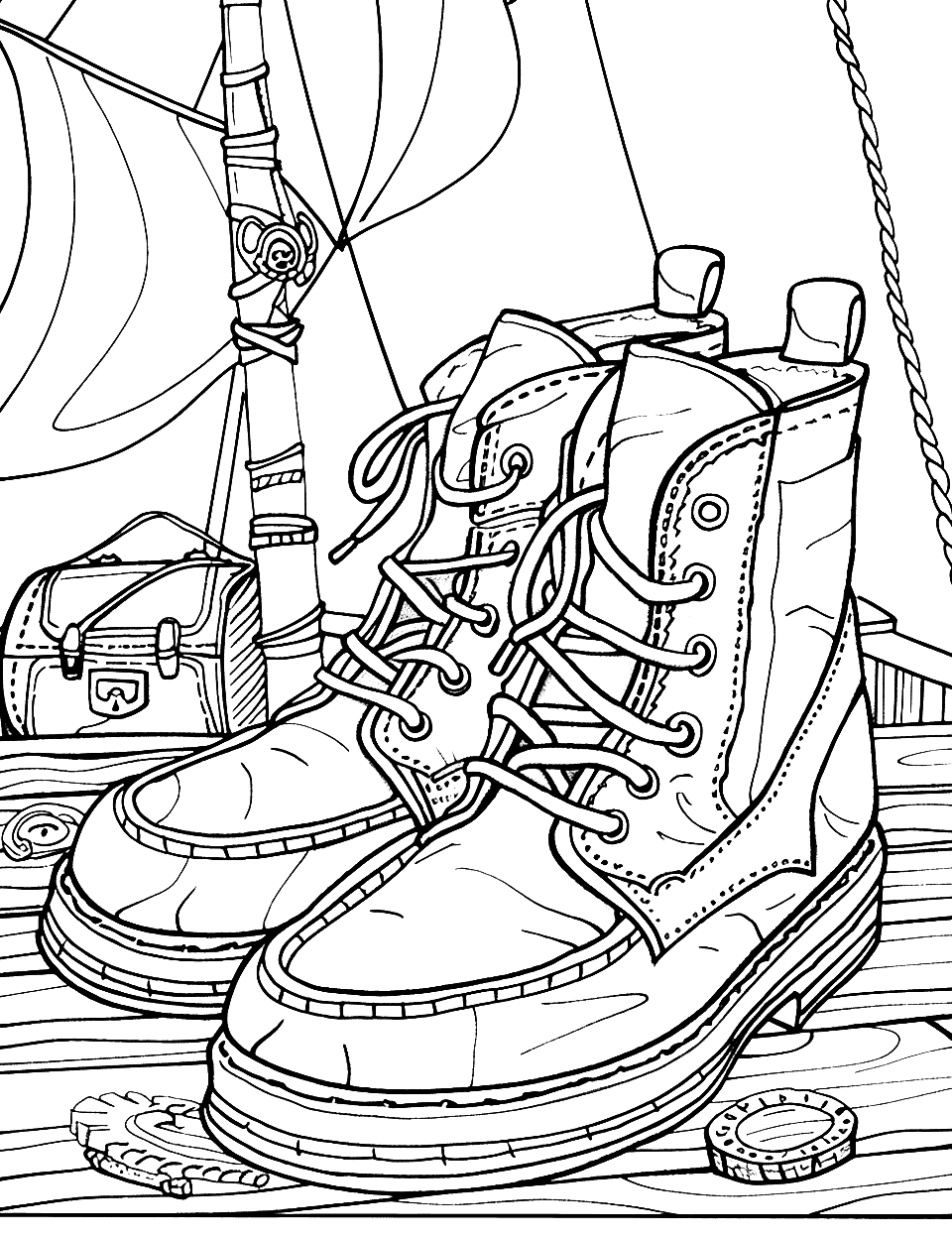 Pirate Boots on a Ship Deck Shoe Coloring Page - Buccaneer boots with a treasure chest in the background.