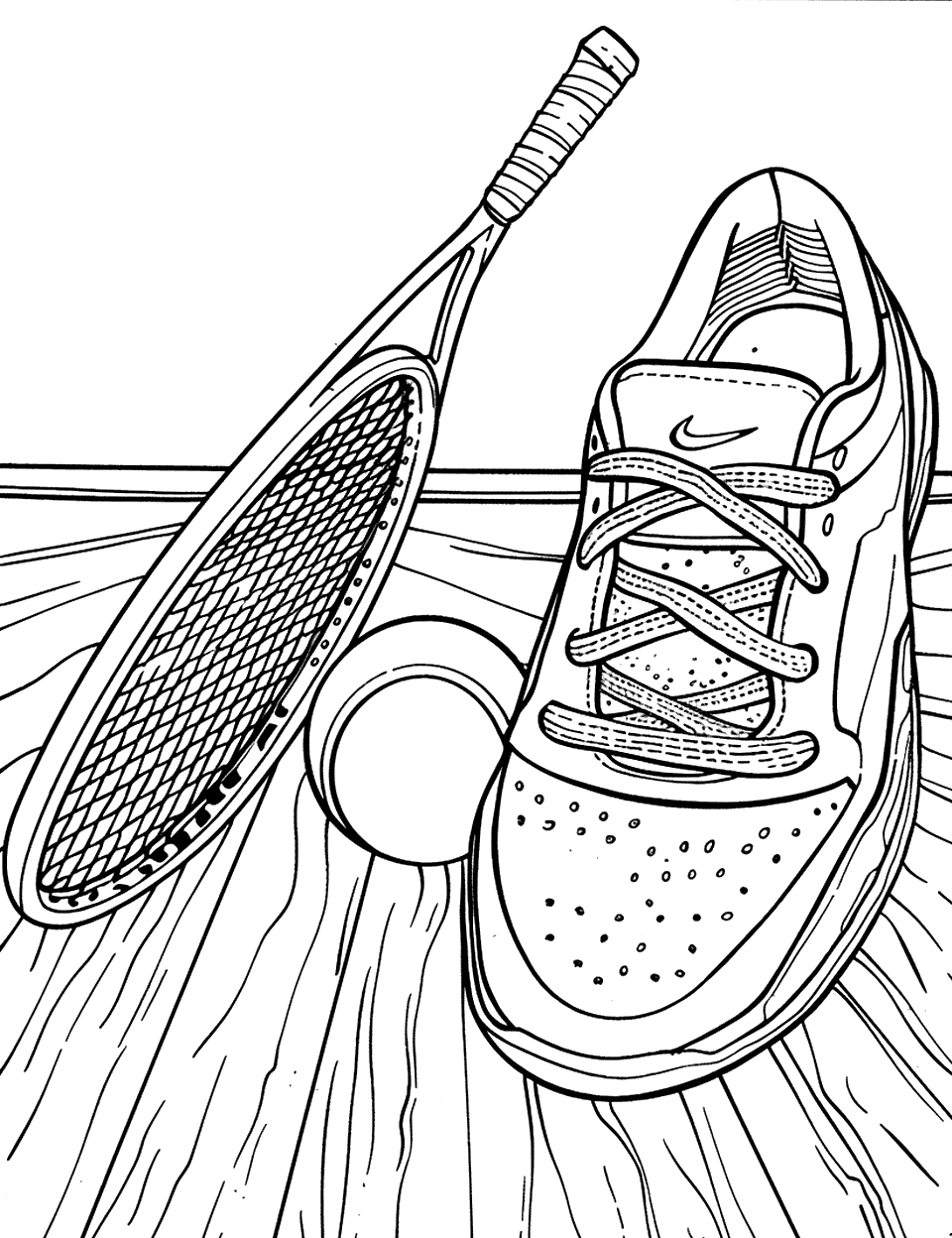 Squash Shoes in Court Shoe Coloring Page - Squash shoes with a squash racket and ball on a court floor.
