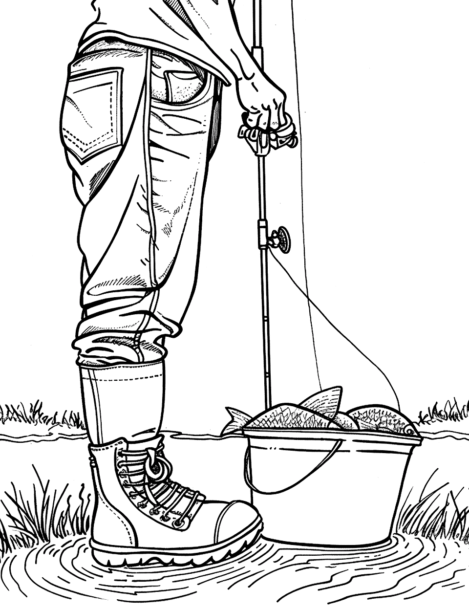 Fishing Waders by the River Shoe Coloring Page - Guy wearing Fishing waders with a fishing pole and a bucket of fish.