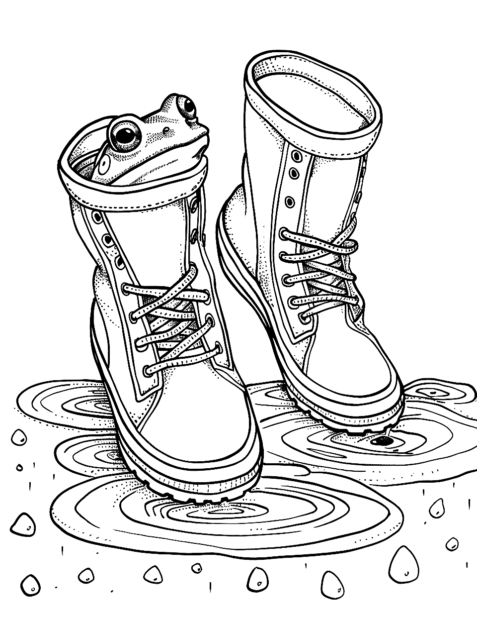 Frog and Rain Boots Shoe Coloring Page - A cheerful frog peering out from a pair of rain boots amidst puddles.