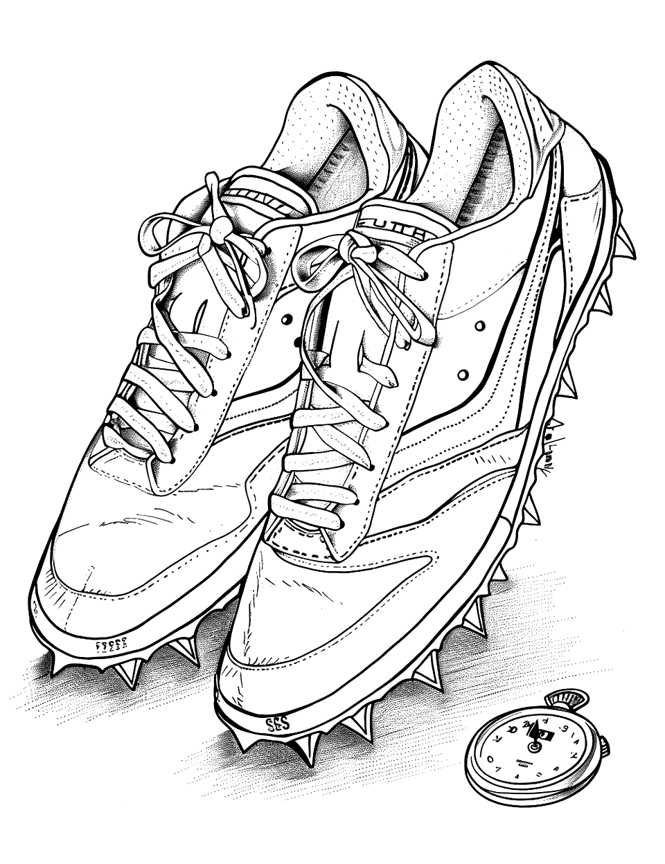 Track Spikes at the Meet Shoe Coloring Page - Track spikes with a stopwatch ready to get put on for sprinting.