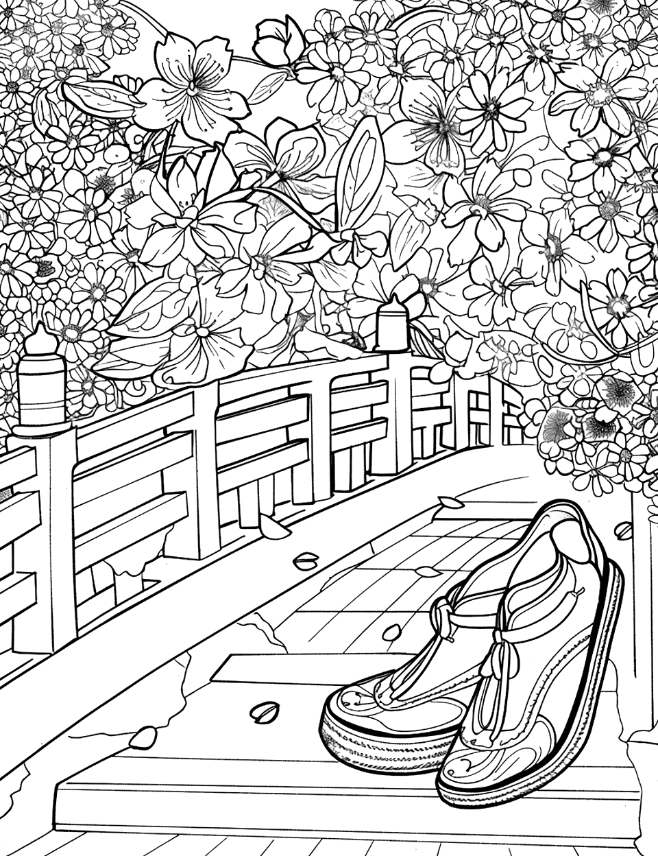 Geisha Footwear in a Garden Shoe Coloring Page - Traditional geisha footwear with cherry blossoms and a small bridge.