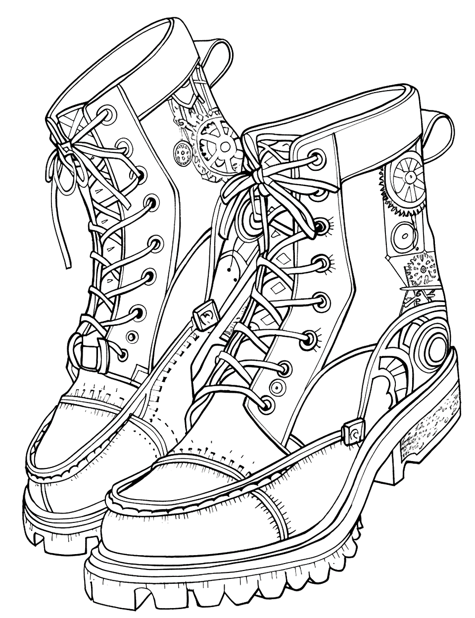 Steampunk Boots Design Shoe Coloring Page - Intricate steampunk boot Design with gears and other elements.